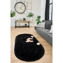 Siyah Oval Post Halı Kesme Yolluk Peluş Yumuşak Kaymaz Dot Taban