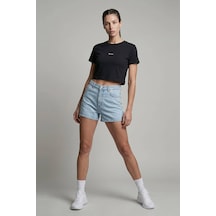 Woneagle Waneagle Kadın Siyah Bisiklet Yaka Logolu Sportif Crop Tişört Siyah Siyah