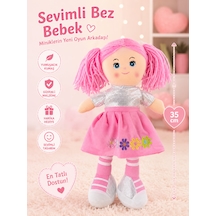 Pembe Saçlı Çiçek Desenli Bez Bebek 35 Cm Yumuşak Peluş Oyun Arkadaşı 001