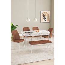 Laris Beyaz Mermer Desen 80 x 132 Benchli Açılabilir Mdf Mutfak Masa Takımı 4 Sandalye Kiremit