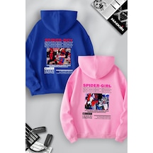 Macklin Sevgili Çift Kombin Spider Boy Ve Girl Sırt Baskılı Özel Tasarım Kapüşonlu Sweatshirt 2li Set Takım Mavi Pembe Mck1045 Çok Renkli