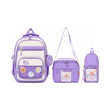 Kawaii Kore Tarzı Aksesuarlı 3'lü Set Lila Kız Çocuk Okul Çantası İlkokul Sırt Çantası Beslenme Çantası Kalemlik