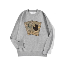 Tarzsokak Rahat Vintage Kadın Tişörtü Tarot Ayı Ve Ay Baskılı Kapüşonlular Polar Sıcak Kazak Sokak Crew Gri