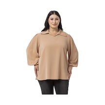 Disentis Büyük Beden Gömlek Yaka Manşetli Yanı Yırtmaçlı Camel Bluz-camel Camel