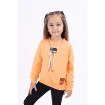 Kız Çocuk Relax Fit Bisiklet Yaka Düşük Omuz Baskılı Sweatshirt - Bağcık Detaylı & 2 İplik Turuncu
