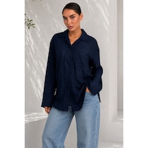 Madmext Lacivert Çizgi Desenli Rahat Kesim Kadın Gömlek Mg2741