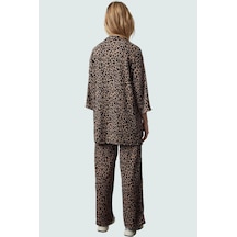 Frm Şık Leopar Desenli Kimono Takım Nefes Alan Polyester Kumaş Görünü Kahverengi