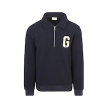 Erkek Polo Yaka Yarım Fermuarlı Aplike Armalı Sweatshirt - Lacivert Evenıng Blue