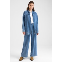 Olcay Fermuar Kapamalı Bağcık Detaylı Soft Denim Ceket Pantolon İkili Takım Mavi 9468-tk