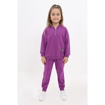 Toontoy Kids Kız Çocuk 2'li Takım Baskılı Kolej Yaka Fermuarlı Cepli Sweatshirt & Beli Paçası Ribanalı Jogger Eşofman Altı - Nervürlü & 2 İplik Mor