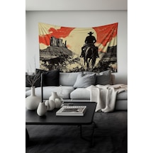 Kovboy Ve Gün Batımı Desenli Duvar Halısı Duvar Örtüsü Tapestry Süet Dokulu Kumaş