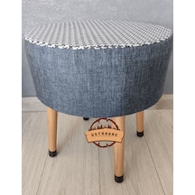 Puf Koltuk Tabure - Lacivert Keten Örme Kaz Ayağı - Ahşap Gürgen