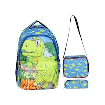 İlkokul Okul Ortaokul Sırt Çantası Kız Erkek Unisex Beslenme Çantalı Kalemlikli Ortopedik 3lü Set Dinozor Okul Çantası Mavi Yeşil