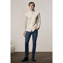 İmza Bej - Beyaz Smart Düğmeli Yaka Uzun Kol Cepsiz Slim Fit Casual Gömlek 1004255165 Bej - Beyaz