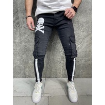 Premium Skull Line Printed Slim Fit Erkek Kot Pantolon Siyah 001