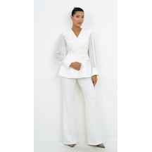 Dorne Moda Kadın İşlemeli Bluz Pantolon Takım Şifon Kol Detaylı Şık İkili Takım Beyaz