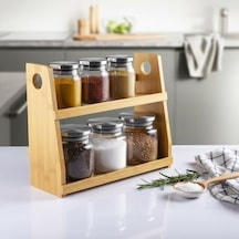 8 Parça Borosilikat Cam Baharatlık Seti 700 Ml - Paslanmaz Çelik Kapaklı Ve Bambu Kapak Sçenekli 2 Katlı Bambu Standlı Tezgah Üstü Erzak Kabı Ve Mutfak Düzenleyici Organizer Bambu Kapak Diğer
