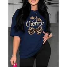 Uyguntarz Unisex Leopar Desenlı Vişne Baskılı Tasarım Tshirt Lacivert