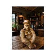 Dekor Şapkalı Goril Biblo Gold Renk Polyester Dekoratif Ofis Salon Obje 19 Cm Altın