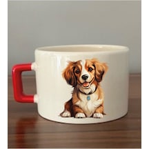 Sevimli Köpek Temalı Kırmızı Kulplu Fincan Kupa Bardak - Seramik Çay, Kahve Hediyelik Bardağı Beyaz