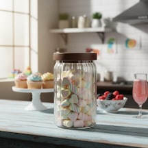 Akasya Kapaklı Çizgili Cam Kavanoz 750 Ml Hava Geçirmez, Modern Fitilli Tasarım Gıda Saklama Kabı Bakliyat, Çok Renkli