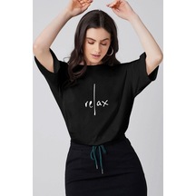 Kadın Siyah Relax Baskılı Oversize T-shirt 001