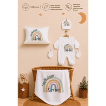 Pia Baby Erkek Bebek Kişiye Özel Hastane Çıkışı Tulum Seti %100 Pamuk Organik Baskılı Battaniye Ve Yastık Kılıfı 1074tybyx Ekru