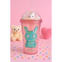 Sevimli Bunny Tavşan Figürlü Renkli Boncuklu Kristal Efektli Tasarım Pipetli Bardak Suluk Pembe 2087 Çok Renkli