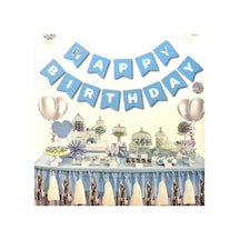 Beysüs Mavi Üstüne Gümüş Gri Yaldızlı Happy Birthday Yazılı Doğum Günü Partisi Karton Standart