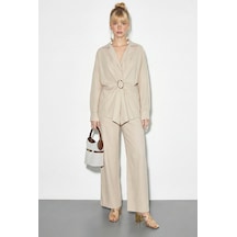 Shade Kadın Aksesuarlı Oversize Gömlekli Bol Paça Pantolon Alt-üst Takım 7613 60286063 - Bej