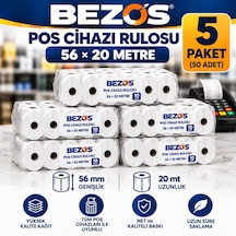 Bezos Termal Pos Cihazı Rulosu 56 Mm X 20 M - 50 Adet 5 Paket Yazar Kasa Slip Rulosu Rengaren