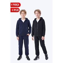 Fyk Kids 3 İplik Düz Erkek Çocuk Fermuarlı Kapüşonlu 2'li Eşofman Takımı 4 Parça Lacivert-siyah