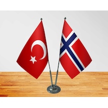 Masa Üstü Norveç Bayrağı Türk Bayrağı İkili Krom Direk Masa Bayra