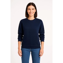 Kadın Günlük Stil Lacivert Üç İplik Düz Bisiklet Yaka Sweatshirt