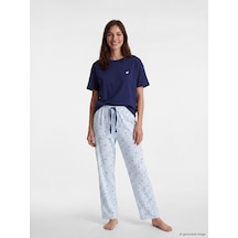 Lcw Dream Mavi Bisiklet Yaka Baskılı Kadın Pijama Takımı