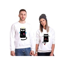 Tshirthane Angel Cat Devil Cat Sevgili Kombini Unisex Sweatshirt Kırık Beyaz