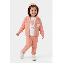 Toontoy Kids Toontoy Kız Çocuk 3'lü Eşofman Takımı Uzun Kollu Bisiklet Yaka Nakışlı T-shirt - Kapüşonlu Fermuarlı Hırka- Beli Paçası Lastikli Eşofman Altı 25040 Pudra