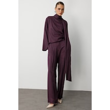 Mizalle Pilise Detaylı Bordo Saten Dökümlü Pantolon Bordo