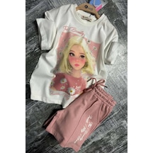 Riccotarz Kız Çocuk Papatya Ve The Beauty Yazı Baskılı Penye T-shirt Pudra Şortlu Takım Pudra