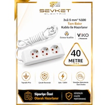 Viko 3'lü Grup Priz 40 Metre Beyaz 3x2,5 Kalın Kablolu Uzatma Kablosu 40 M