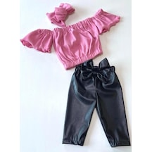 Özge Başaran Kız Çocuk, Likralı Deri Fiyonk Detaylı Pantolon, Pembe Straplez Crop Bluz Ve Saç Pembe