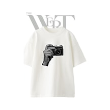 Thewert Vintage Kamera El Tasarım Baskılı Ünisex Beyaz Oversize T-shirt