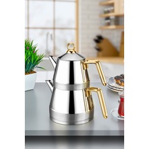 Polochef Venedik Çaydanlık 18/10 Paslanmaz Çelik Büyük Boy Gold Saplı. Gümüş