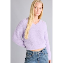 Defacto Regular Fit V Yaka Tüylü Dokulu Triko Basic Kazak H2444ax26wnpr337 Mor-pr337