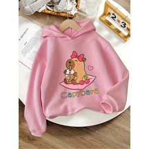 Kızlar İçin Pembe Kapibara Baskılı Hoodie Sweatshirt - Sevimli Kapibara, Kalpler Ve Balon Pembe