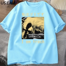 Flood Of Style Ben Çöp Japon Rakun Baskı T-shirt Harajuku Vintage Yüksek Kalite Pamuk Kısa Kollu Tişört Erke Mavi