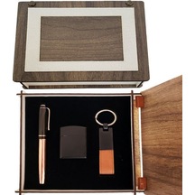 Özel Ahşap Kutulu Bakır Roller Kalem Anahtarlık Ve Çakmak Set Tdrtr Sezonsuz