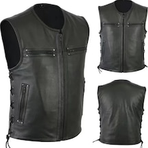 Cooper Hakiki Deri Yelek Yandan Bağcıklı Fermuar Kapamalı