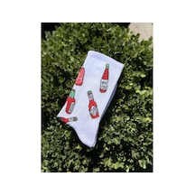 Lousocks Unisex Acı Sos Şişesi Desenli Beyaz Tenis Çorap