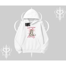 Serene Beauty Kedi Baskılı Kapşonlu Sweatshirt Beyaz